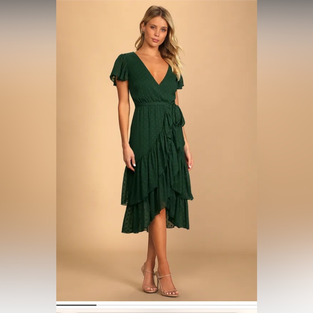 Lulu’s Have Harmony Dark Green Swiss Dot Ruffled Faux Wrap Midi Dress NWT
